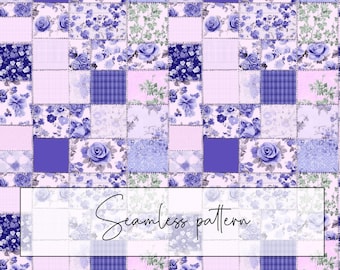 Purple Floral Patchwork Seamless Pattern, Lilac Shabby Chic Flowers (Digital Download)