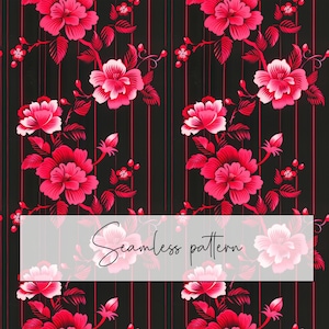 Motivo floreale senza soluzione di continuità in stile asiatico rosa scuro e nero, motivo ripetuto, tessuto tessile, carta da parati a strisce, sublimazione, download digitale