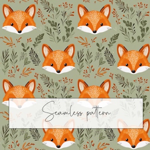 Peut inclure: Motif sans couture avec des visages de renards orange sur un fond vert clair avec un feuillage brun et vert.