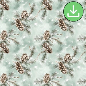Hiver neigeux pomme de pin branche de pin vert sauge modèle sans couture, carreaux de motif répétitif, carte imprimable, sublimation, travaux manuels, téléchargement numérique