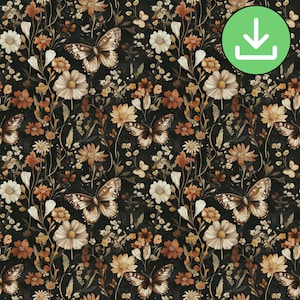 Donkere herfst bloemen herfst naadloze vlinderpatroon, herfst roestbruin gedroogde bloemen herhalen patroon tegel, Night Garden, digitale download