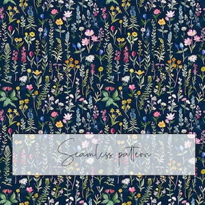 May include: A seamless pattern featuring a variety of colorful wildflowers on a dark blue background. The flowers are arranged in a random pattern, creating a whimsical and cheerful design.