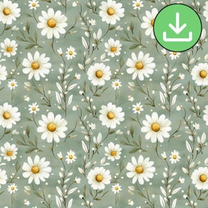 White Daisies Green Background Seamless Pattern, Watercolor Daisy Floral Repeat Pattern Tile, Printable Sublimation, Digital Download