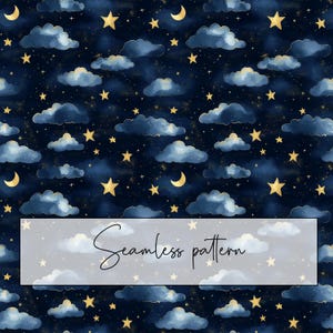 Puede incluir: Un patrón sin costuras con un fondo azul oscuro con estrellas doradas, nubes y lunas crecientes. El patrón es perfecto para telas, papel tapiz u otros proyectos decorativos.