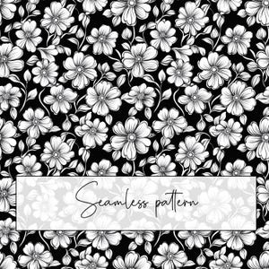 White Flowers On Black Background Seamless Pattern, Black And White Floral Repeat Pattern, Monochrome, Line Art, Digital Download