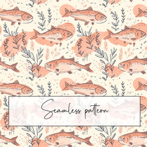 Salmon Fish Seamless Pattern, Beige Salmon Pink Fish Repeat Pattern Tile, Printable Card, Sublimation, Digital Paper, Digital Download