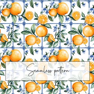May include: A seamless pattern featuring watercolor illustrations of oranges, orange slices, and green leaves on a white background with blue and white tile accents. The pattern is perfect for fabric, wallpaper, or other decorative projects.