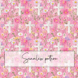 Watercolor Floral Christian Cross Seamless Pattern, Repeat Pattern Tile, Pink Spring Flowers, Digital Paper, Journaling, Digital Download