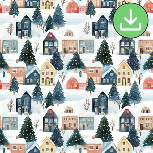 Modèle sans couture de ville de Noël, maisons décorées d'arbres, carreau de motif répétitif festif, imprimable, téléchargement numérique