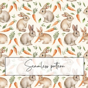 Pode incluir: Um padrão sem costura com ilustrações de aquarela de coelhos e cenouras. Os coelhos estão em várias poses, alguns estão sentados, alguns estão em pé e alguns estão comendo cenouras. As cenouras são laranja e verde e estão espalhadas por todo o padrão.