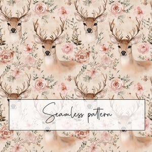 May include: Seamless pattern featuring deer with large antlers and pink roses on a beige background. The deer are facing forward, surrounded by floral elements. The text "Seamless pattern" is displayed in a white rectangle.