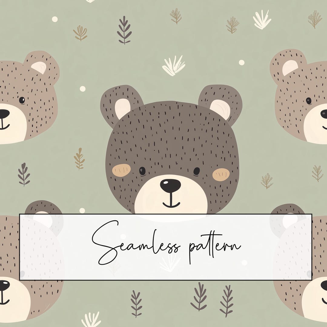 Cute Bear Head Seamless Pattern, Scandi Bear Head Muted Green ...