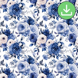 Watercolor Navy Blue Roses Floral Seamless Pattern, Blue Rose Flower Repeat Pattern, Fabric Pattern, Paper, Wallpaper, Digital Download