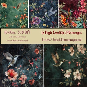 Beija-flor com flores, pacote de 12 imagens JPG, beija-flor floral escuro, sublimação, para impressão, álbum de recortes, download digital
