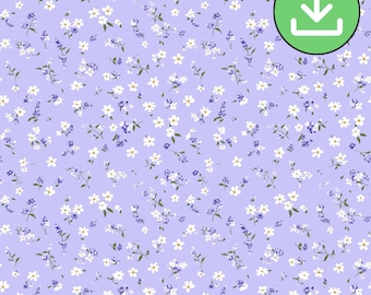 Diseño floral blanco con estampado de bolitas, fondo lila, mosaico de repetición sin costuras (descarga digital)