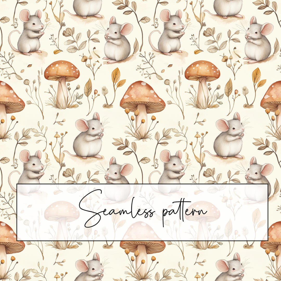 Watercolor Mushroom Mouse Fall Seamless Pattern, Autumn Gray Mice ...