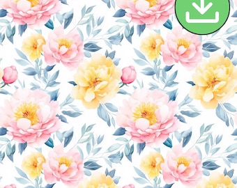 Watercolor Pink and Yellow Flowers Seamless Pattern, Repeat Pattern, Light Pastel Pink Yellow Floral Tile, Digital Paper, Digital Download