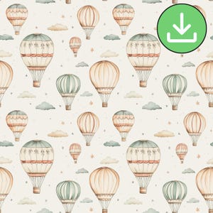 Watercolor Hot Air Balloon Seamless Pattern, Earthy Tones, Nursery Decor Repeat Tile (Digital Download)