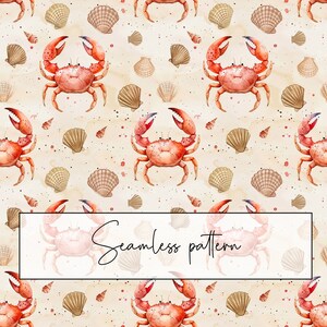 Motivo senza cuciture con granchio e conchiglie, motivo ripetuto con granchio rosso beige, carta stampabile, sublimazione, download digitale