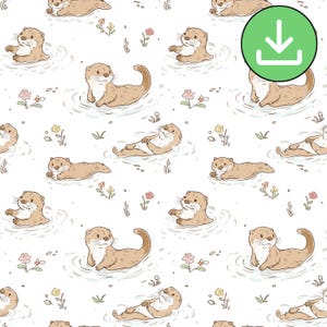 Cute Hand Drawn Otters Seamless Pattern, Light Minimalist Otter Repeat Pattern Tile, Water, Ditsy Flowers, Digital Paper, Digital Download