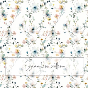 Könnte beinhalten: Ein nahtloses Muster mit zarten Aquarellblumen in Blautönen, Rosa und Gelb. Die Blumen sind in einem zufälligen Muster auf weißem Hintergrund angeordnet.