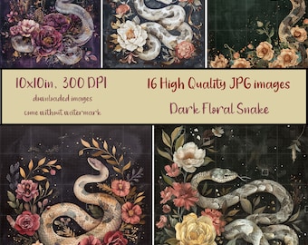 Dark Floral Snake Bundle of 16 JPG Images, Watercolor Snake With Flowers Art, Sublimation, Printable, Scrapbooking, Digital Download