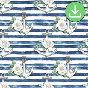 Nautiskt ankare och vita rosor sömlöst mönster, blå ränder (digital nedladdning)