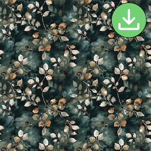 Cool Green Leaf Pattern Seamless Pattern, Watercolor Fall Tree Leaves Repeat Tile, Digital Download