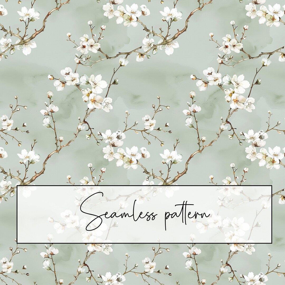 Flowering Branch Seamless Pattern, Pale Green Background With White ...