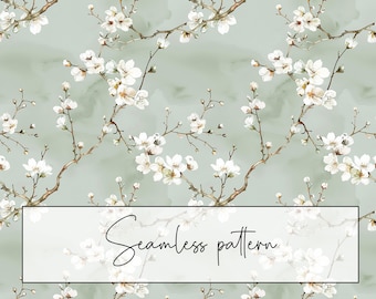 White Blossom Branch Seamless Pattern, Pale Green Background, Floral Repeat Tile (Digital Download)