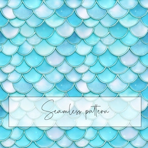 Könnte beinhalten: Ein nahtloses Muster mit einem Fischschuppen-Design in Blau- und Weißtönen. Die Schuppen haben ein glänzendes, strukturiertes Aussehen mit subtilen Glanzlichtern. Der Text "Seamless pattern" wird in einem rechteckigen Rahmen angezeigt.