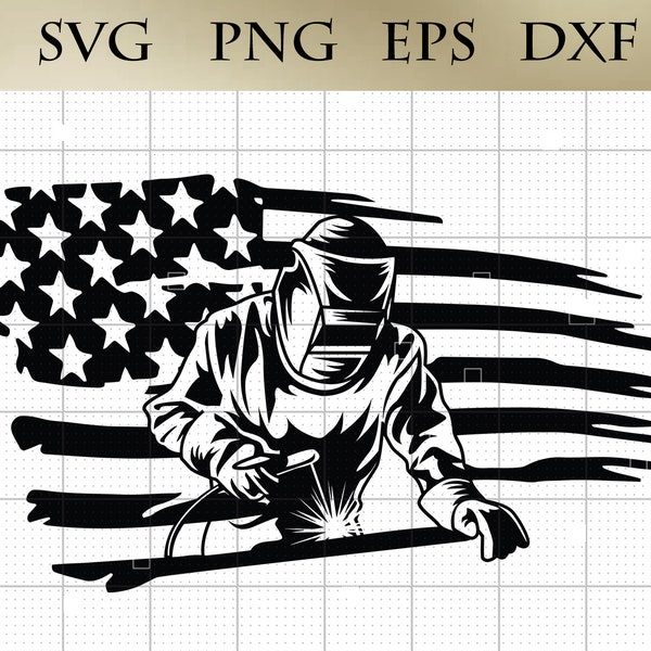 American Welder SVG png eps dxf  Vector Art, Welder Behind American Flag Cricut Digital Design