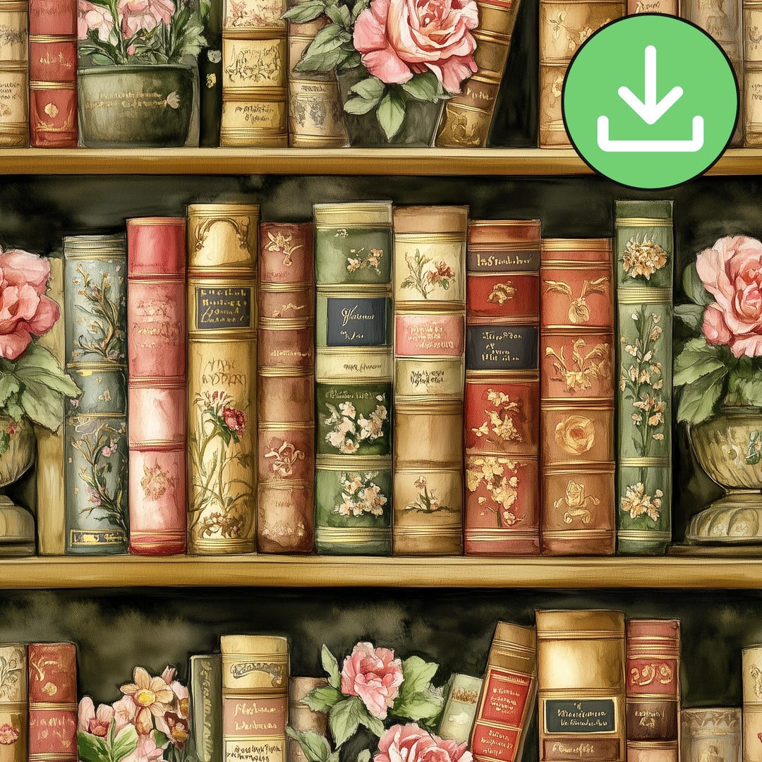 Yellow Antique Pattern Library Old Vintage Style Books Seamless Pattern, Floral Victorian Library ...