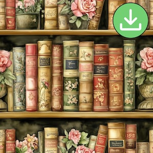 Vieux style vintage livres modèle sans couture, roses, fleurs, bibliothèque victorienne étagère à motif répétitif carrelage, imprimable, téléchargement numérique