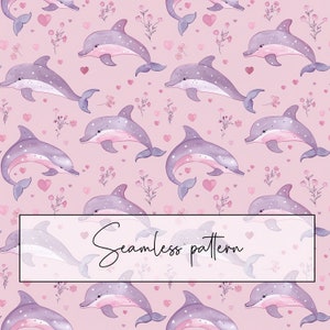 Naadloos patroon roze dolfijn, dolfijn bloemen met hartjes schattig herhalingspatroon, afdrukbare kaart, sublimatie, digitale download