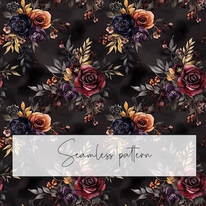 Peut inclure: Motif sans couture sur fond foncé avec un motif répétitif de fleurs bordeaux, orange et bleues. Les fleurs sont disposées en bouquets avec des feuilles vertes et des accents dorés.