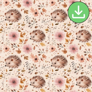 Watercolor Hedgehog With Blush Pink Flowers Beige Seamless Pattern, Cute Autumn Fall Leaves Repeat Pattern Tile, Printable, Digital Download