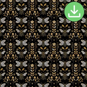 Diseño floral de abeja dorada sobre fondo negro - Patrón repetitivo sin costuras (descarga digital)