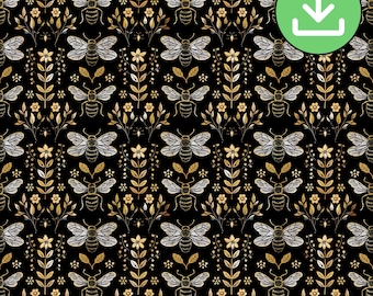 Dark Bee Seamless Pattern, Black Background Bumblebee Repeat Pattern, Textile Fabric, Wallpaper Design, Sublimation, Digital Download