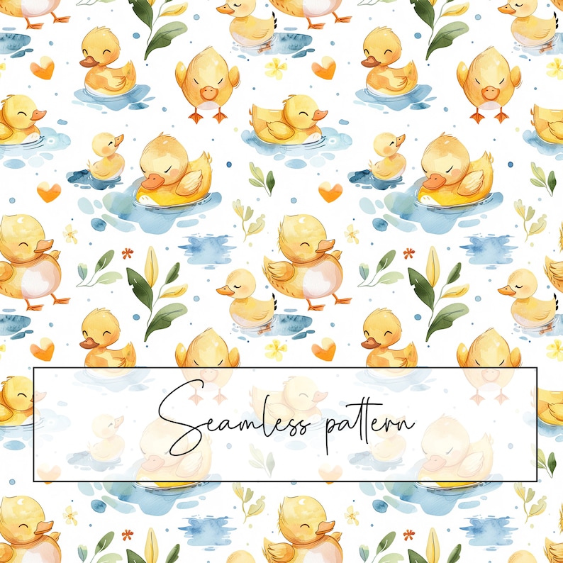 May include: A seamless pattern with yellow ducklings in various poses, some swimming in blue water, others standing on their feet. The background is white with green leaves and yellow flowers. The text 'Seamless pattern' is in the center of the image.