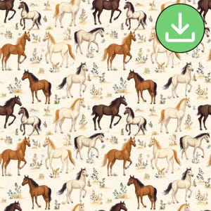 Patrón sin costuras de caballos salvajes marrones en acuarela, patrón bohemio de caballos repetidos, ecuestre, tarjeta imprimible, papel digital, descarga digital