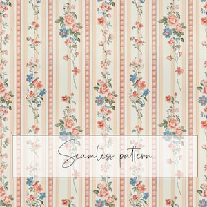 Modello senza cuciture di carta da parati a strisce floreali anni '90, modello di ripetizione vintage shabby chic color pesca, tessuto, tessuto, sublimazione, download digitale