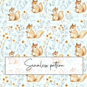May include: A seamless pattern featuring watercolor illustrations of squirrels, yellow flowers, and gray foliage on a light blue background. The text "Seamless pattern" is displayed in a white rectangle.