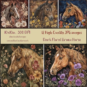 Pacote de cavalo marrom floral escuro com 12 imagens JPG, arte de cavalo em aquarela com flores, sublimação, para impressão, álbum de recortes, download digital