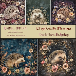 Pacote de ouriço floral escuro com 12 imagens JPG, arte de ouriço com flores, sublimação, para impressão, álbum de recortes, download digital