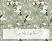 Japanese Cranes Green Floral Seamless Pattern, Chinoiserie Bird Repeat Pattern, Textile Fabric, Wallpaper, Sublimation, Digital Download