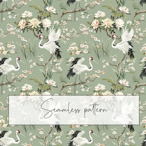 May include: A seamless pattern featuring white cranes with black wing tips perched on branches with white blossoms and green leaves against a light green background. The text "Seamless pattern" is written in white on a white rectangle.