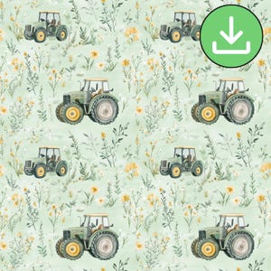 Watercolor Tractor and Wildflower Seamless Pattern, Farm Vehicle Repeat Tile (Digital Download)