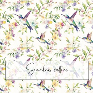 Akvarell ljus kolibri med blommor sömlöst mönster, exotisk fågel upprepa kakel, blommig, utskrivbart kort, digitalt papper, digital nedladdning