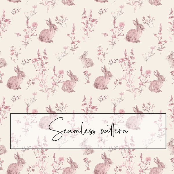 Delicate Pink Bunny Seamless Pattern, Watercolor, Ditsy Flowers Rabbit Repeat Pattern, Fabric Pattern, Wallpaper Design, Digital Download